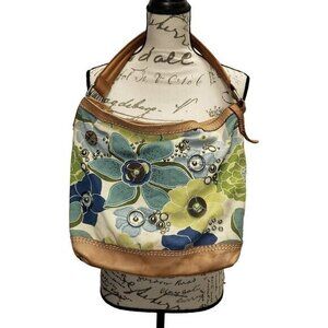 Fossil Floral Leather Blue‎ Metal Womens Handbag Purse Pre-Owned